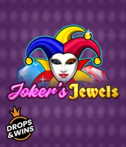 Discover the colorful ambiance of the Joker's Jewels game by Pragmatic Play, featuring a mesmerizing joker's mask decorated with a brightly colored jester hat. This image conveys the fun and excitement of casino gaming, set against a purple background. Great for casino game enthusiasts, delivering a thrilling adventure. 